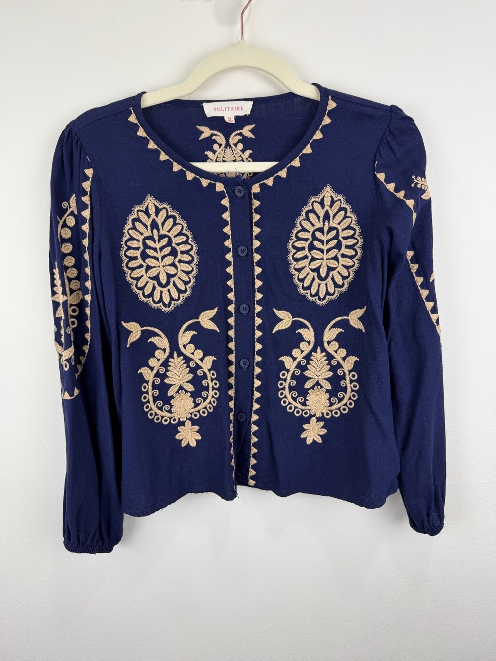 Solitaire Navy Embroidered Linen Blend Boho Jacket Blouse M